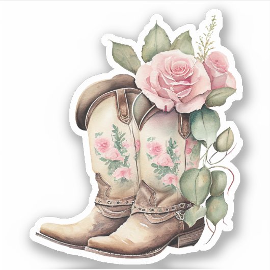 Rosa Roses Cowgirl Boots Aufkleber (Vorderseite)