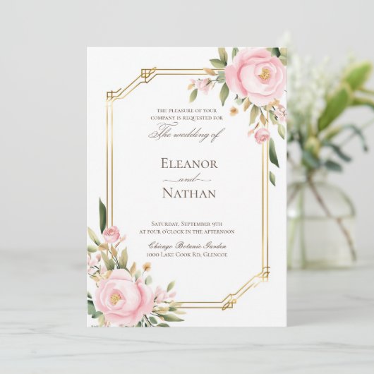 Rosa Roses elegante Frühjahrshochzeit Einladung (Stehend Vorderseite)