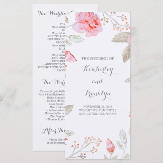 Rosa Roses Elegantes Hochzeitsprogramm für Wasserf Programm (Vorne/Hinten)