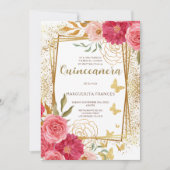 Rosa Roses Elegantes spanisches Quinceñera Mis Qui Einladung (Vorderseite)