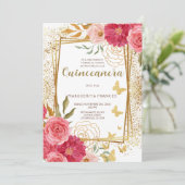 Rosa Roses Elegantes spanisches Quinceñera Mis Qui Einladung (Stehend Vorderseite)