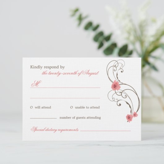 Rosa Roses Fleur Elegante Wedding RSVP Card (Stehend Vorderseite)