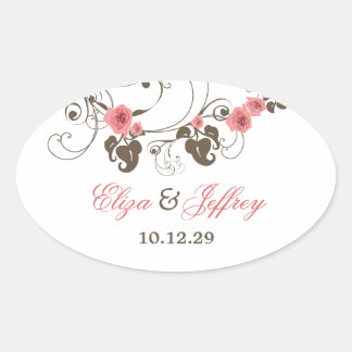 Rosa Roses Fleur Floral Elegante Hochzeitsticker Ovaler Aufkleber
