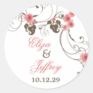 Rosa Roses Fleur Floral Elegante Hochzeitsticker Runder Aufkleber