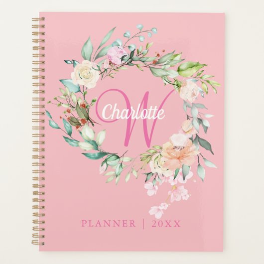 Rosa Roses Floral Script Monogram 2023 Planer (Vorderseite)