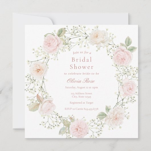 Rosa Roses Gipskraut Brautparty Einladung (Vorderseite)