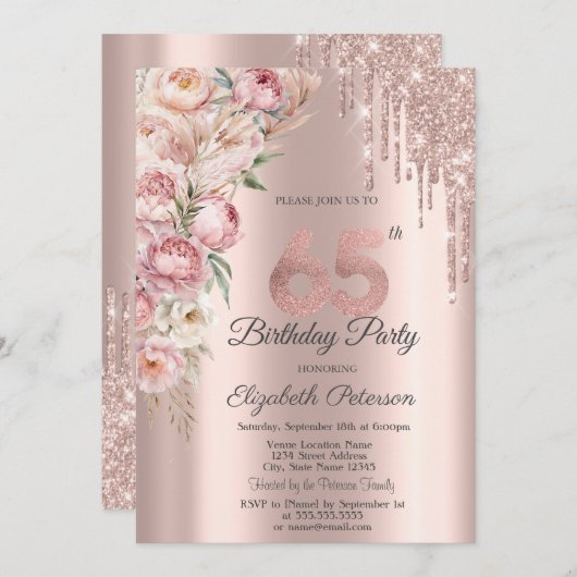 Rosa Roses Glitzer Tropfen Rose Gold 65. Geburtsta Einladung (Vorne/Hinten)