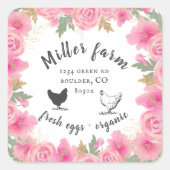 Rosa Roses Gold Blätter Bauernhof Eierkarton Quadratischer Aufkleber (Vorderseite)