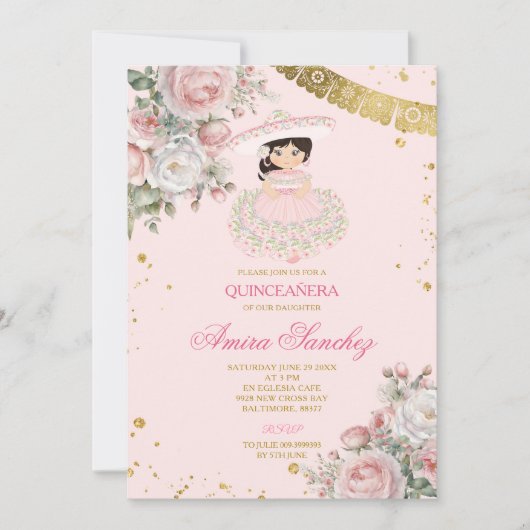 Rosa Roses Gold Glitzer Einladung (Vorderseite)