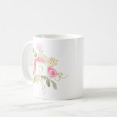 Rosa Roses Gold Glitzern Green Blätter Monogramm T Kaffeetasse (Vorderseite Links)