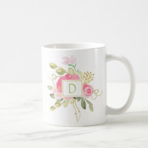 Rosa Roses Gold Glitzern Green Blätter Monogramm T Kaffeetasse