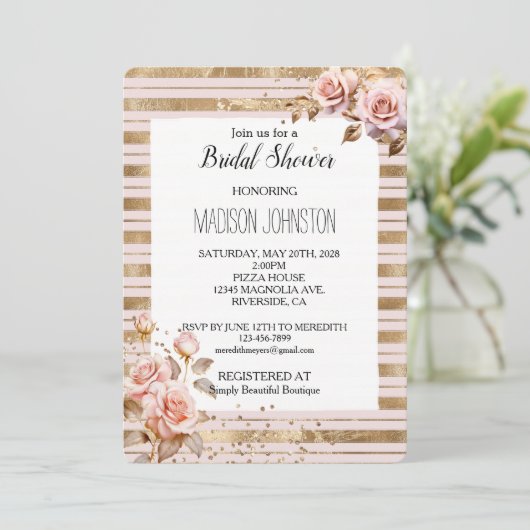 Rosa Roses Gold Streifen Glitzer Brautparty Einladung (Stehend Vorderseite)