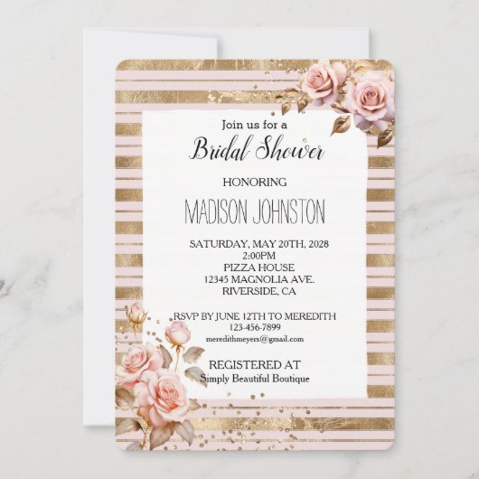 Rosa Roses Gold Streifen Glitzer Brautparty Einladung (Vorderseite)