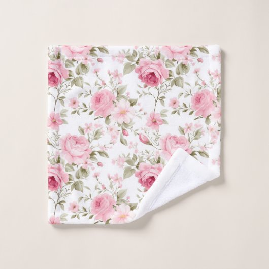 Rosa Roses Grünes Shabby Chic Badetuch Set (Waschlappen)