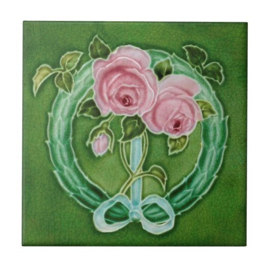 Rosa Roses Majolica Imitate Relief Repro Antiquitä Fliese (Vorderseite)