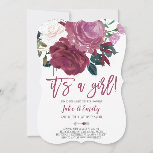 Rosa Roses Marsala Baby Dusche ein Mädchen Einladung (Vorderseite)