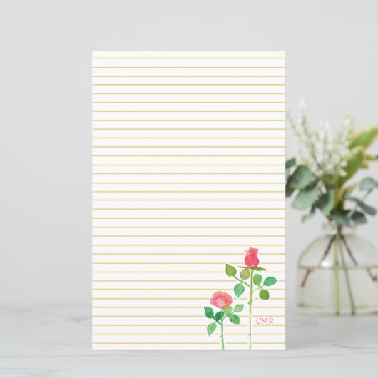 Rosa Roses Monogram Letter Writing Stationery (Stehend Vorderseite)