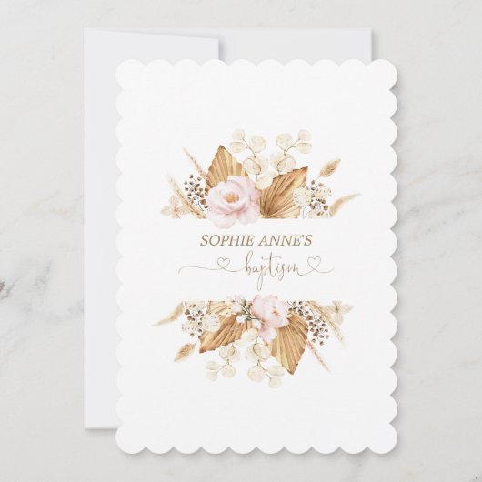 Rosa Roses Pampas Grass Palm Gold Taufe Einladung (Rückseite)