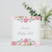 Rosa Roses Pink Baby Girl Dusche Einladung (Stehend Vorderseite)