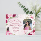 Rosa Roses Princess Butterfly & Foto Quinceanera Save The Date (Stehend Vorderseite)