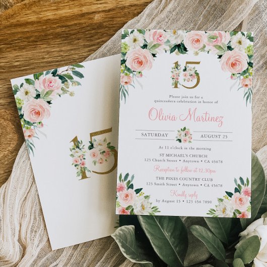 Rosa Roses Quinceañera Geburtstag Einladung Blush