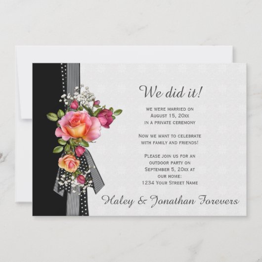 Rosa Roses Schwarz-weiß Ribbon Hochzeiten Empfangs Einladung (Vorderseite)