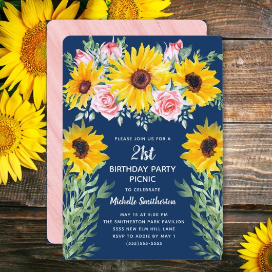 Rosa Roses Sonnenblumen Navy Blue 21. Geburtstag Einladung