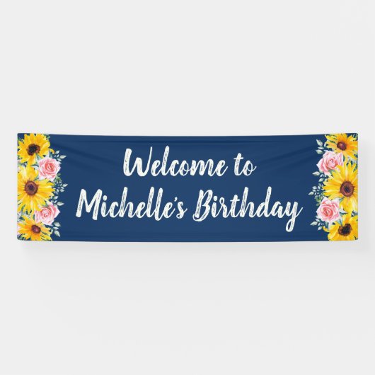 Rosa Roses Sonnenblumen Navy Blue Geburtstag Willk Banner (Horizontal)