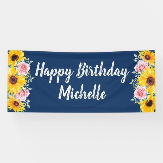 Rosa Roses Sonnenblumen Navy Blue Happy Birthday Banner (Horizontal)