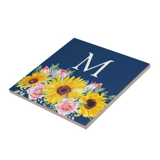 Rosa Roses Sonnenblumen Navy Mit Monogramm Fliese (Seite)