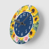 Rosa Roses Sonnenblumen Navy Mit Monogramm Runde Wanduhr (Winkel)