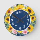 Rosa Roses Sonnenblumen Navy Mit Monogramm Runde Wanduhr (Vorderseite)