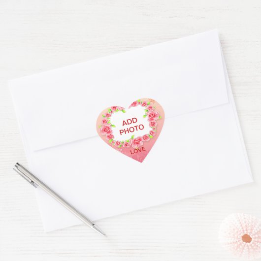 Rosa Roses Valentine Fügen Sie Ihr Foto hinzu Herz-Aufkleber (Umschlag)