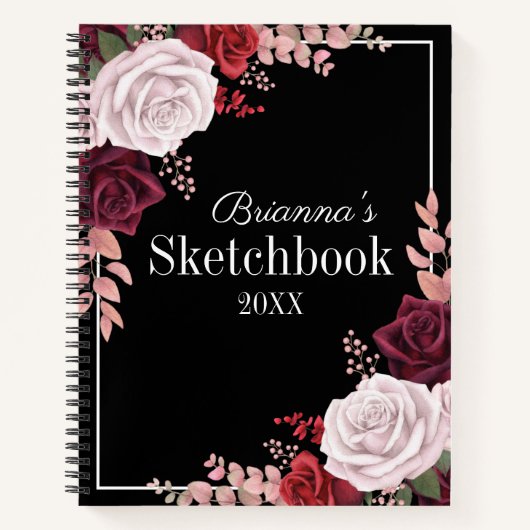 Rosa Roses Your Name Black Sketchbook Notizblock (Vorderseite)