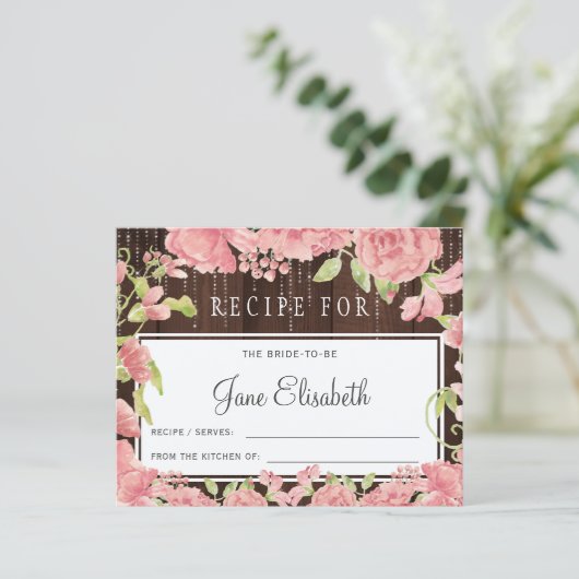 Rosa rot Blütenblüte rustikale Braut zu Rezeptkart (Stehend Vorderseite)