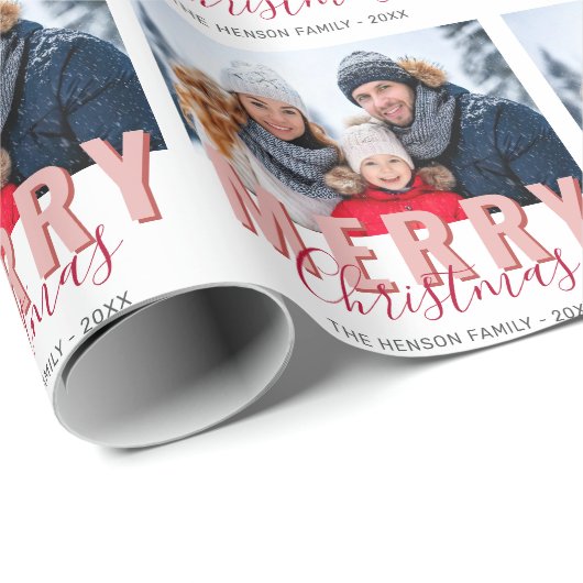 Rosa Rot Frohe Weihnachtskrippe Foto Geschenkpapier (Rolleneckpunkt)