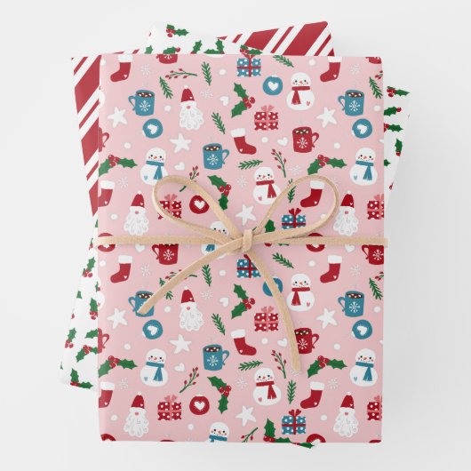 Rosa Rot Grün Niedlich Gemütliche Weihnachtsmuste Geschenkpapier Set (Beispiel)