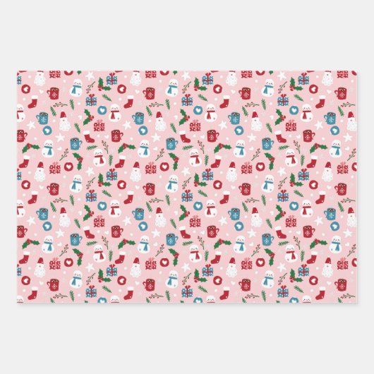 Rosa Rot Grün Niedlich Gemütliche Weihnachtsmuste Geschenkpapier Set (Vorderseite)