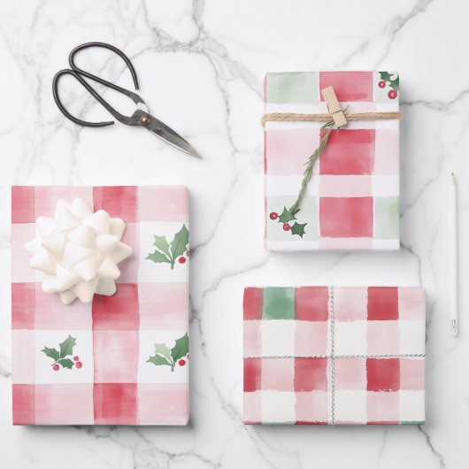 Rosa Rot Grün Retro Weihnachtsmuster Geschenkpapier Set (Vorderseite)
