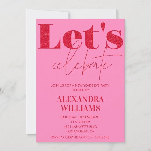 Rosa Rot Neujahr Einladung Feiern wir (Vorderseite)