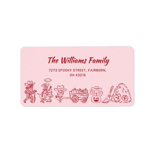 Rosa Rot, Quirky Hand Draodles Halloween Adressaufkleber (Vorne)