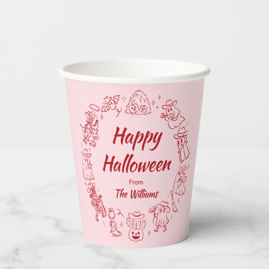 Rosa Rot, Quirky Hand Draodles Halloween Pappbecher (Rückseite)