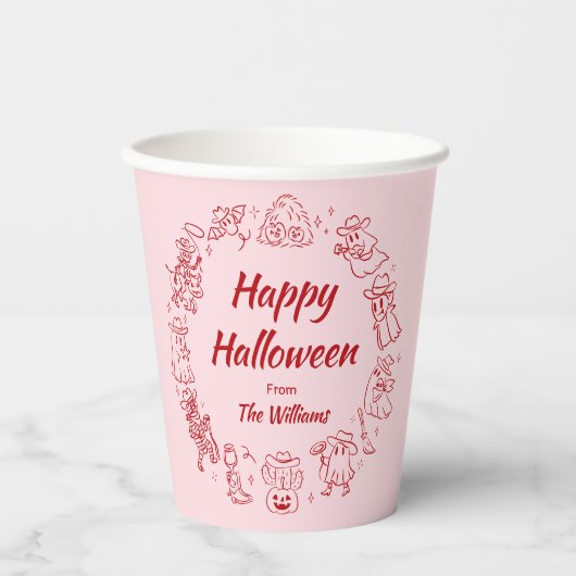 Rosa Rot, Quirky Hand Draodles Halloween Pappbecher (Vorderseite)