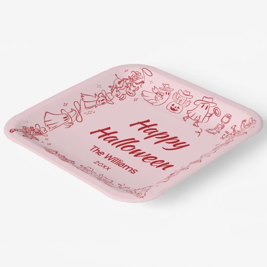 Rosa Rot, Quirky Hand Draodles Halloween Pappteller (Gewinkelt)