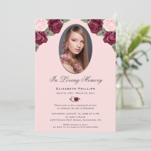 Rosa Rot-Silber-Foto-Gedenkdienst Einladung (Stehend Vorderseite)