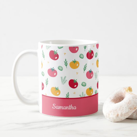 Rosa Rot und Gelb Tomatenküche Kaffeetasse (Mit Donut)