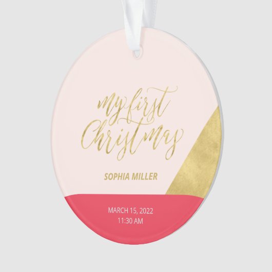 Rosa, Rot und Gold Modernes Erstes Weihnachtsfest Ornament (Vorderseite)