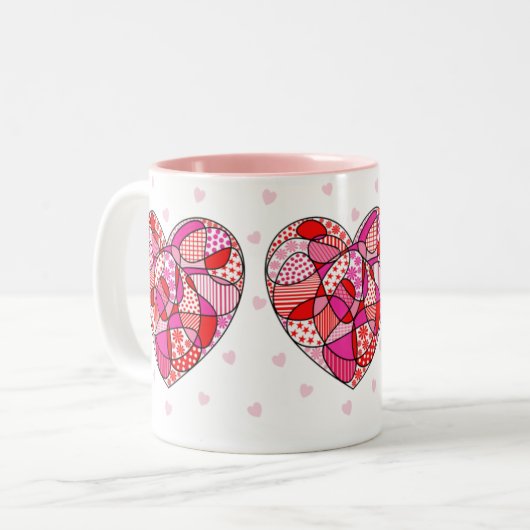 Rosa/Rot/Weiß Dreifach-Doodle-Muster Herzfrequenz- Zweifarbige Tasse (Vorderseite Links)