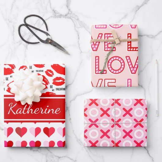 Rosa rote Add name Monogram Be My Valentine XO Lie Geschenkpapier Set (Vorderseite)