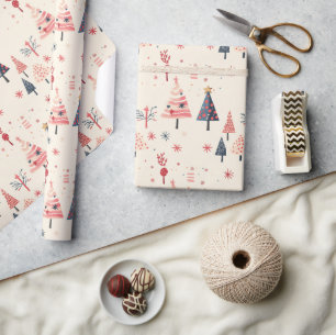 Rosa, Rote, Blaue Baum Festive Feiertags Kunst Geschenkpapier
